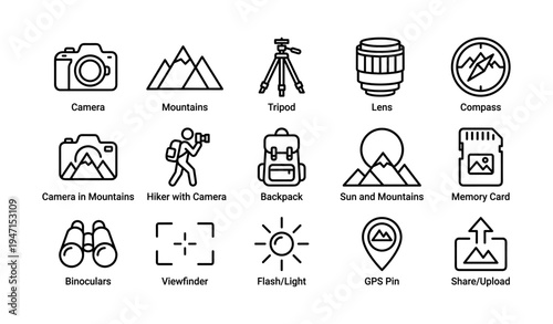 Outdoor adventure icons: camera, mountains, tripod, lens, compass, hiker, backpack, sun, memory, gps