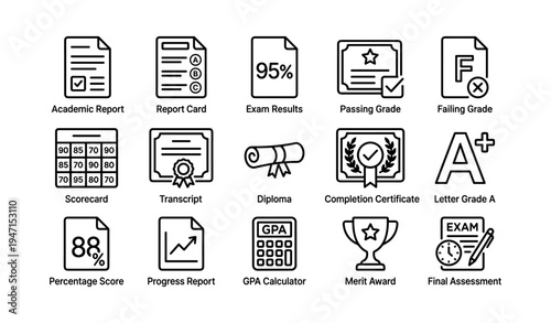 Education icons set featuring reports, certificates, grades, and awards