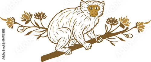 Graceful White Monkey Resting on Flowered Branch in Simple Style