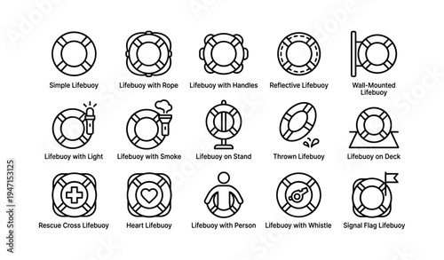 Variety of lifebuoy icons illustrating different designs and uses