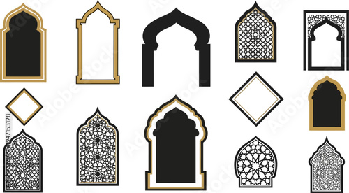 Islamic arches and windows with intricate designs and gold accents on white background