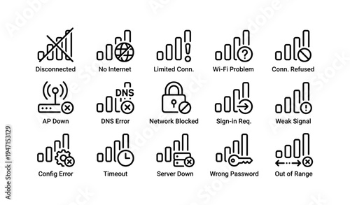 Wi-fi connection error icons: disconnected, no internet, weak signal, timeout, server down