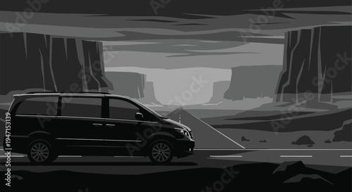 Adventure Drive in Grayscale Minivan Across Dramatic Desert Canyons