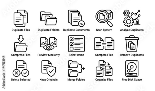 File management icons for duplicate detection and system organization
