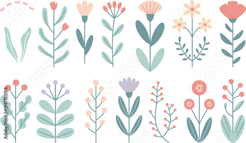 Colorful minimalist floral illustrations on white background for spring and summer designs