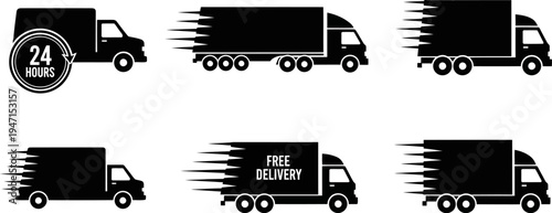 set of truck delivery icons in motion with free delivery and twenty four hours text