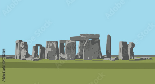Ancient Enigmatic Stonehenge Monument Standing Tall on Green Grass Under Blue Sky