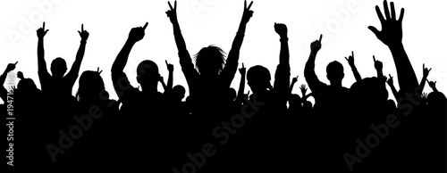 silhouette of a crowd of people with raised hands and peace signs in a celebratory atmosphere