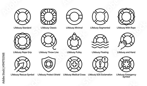 Lifebuoy icons collection: standard, classic, minimal, segmented, rope variations