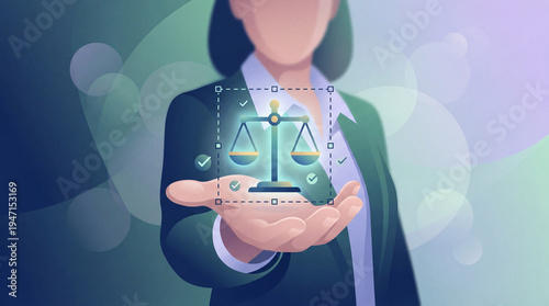 Legal Compliance and Regulation Approval Concept with Justice Scale, Business Policy Verification, Corporate Governance and Law Control, Business Flat Illustration