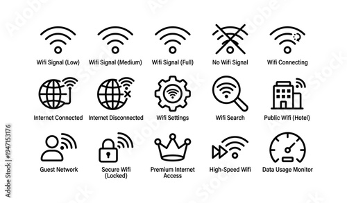 Wifi signal icons: connection levels, settings, public wifi, data usage monitor