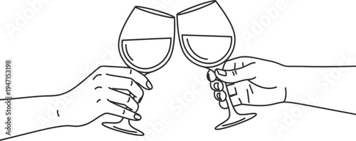 Two hands holding wine glasses clinking together in a toast gesture with red liquid