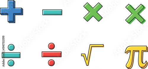 Colorful Mathematics Symbols Icon Set with Plus Minus Multiplication Division Square Root and Pi Signs for Education and Math Learning Vector Illustration