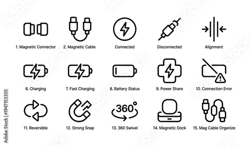 Magnetic cable and connector icons for charging and power management