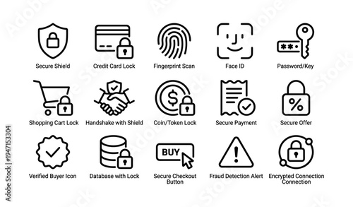 Secure icons set: shield, lock, biometric, payment, encryption