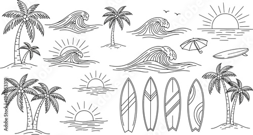 black and white line drawings of beach and surf icons including palm trees waves surfboards sun and umbrella on white background