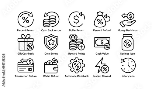 Cashback and reward icons collection for financial transactions