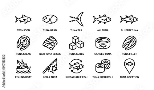 Tuna icons collection: swim, steak, canned, rod, and location symbols