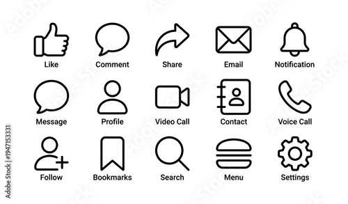 Social media and communication icon set with like comment share email symbols