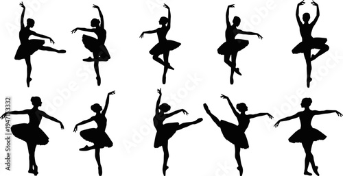 setofsilhouettesofballerinasinvariousdanceposesonwhitebackground
