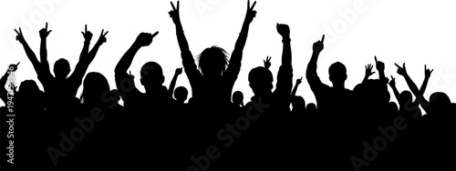 silhouette of a crowd of people with raised hands and peace signs  cheering and celebrating