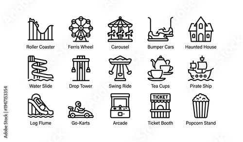 Amusement park rides and attractions icons set