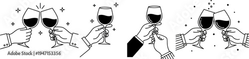 Hands holding wine glasses in different celebratory gestures with sparkles