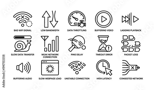Network connectivity issues and internet performance icons collection