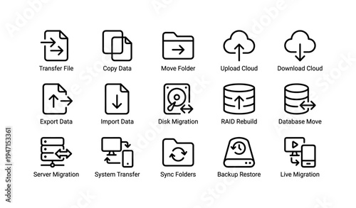 Data management icons: transfer, copy, move, upload, download, export, import