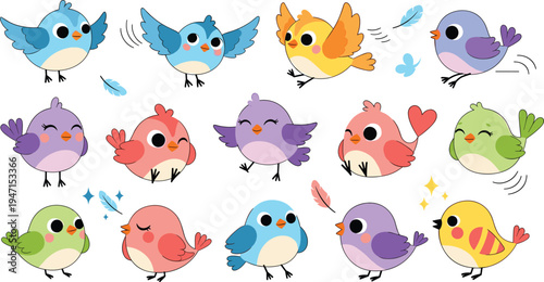 Colorful Cartoon Bird Collection with Cute Birds in Different Poses and Vibrant Feathers for Kids Illustrations, Animations, and Nursery Designs