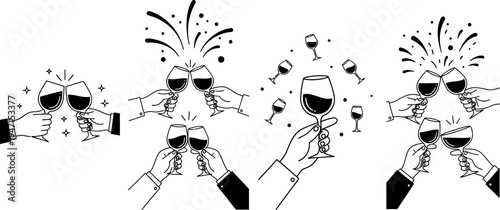 black and white illustration of hands holding wine glasses in different celebratory poses with confetti