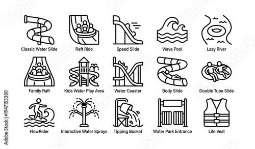 Water park icons collection featuring slides, pools, and play areas for fun and adventure