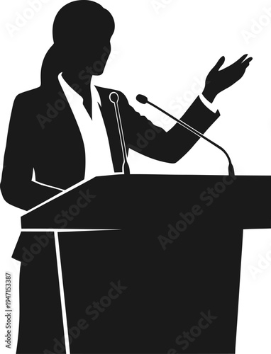 Silhouette of a woman speaking at a podium with microphones  professional public speaker or politician in a business suit