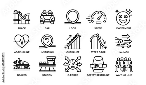 Roller coaster icons: track, car, loop, speed, excitement, adrenaline