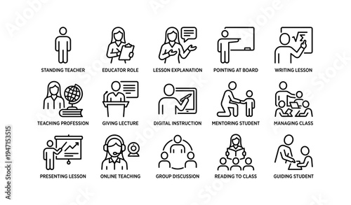 Educational icon set: teaching, learning, classroom activities