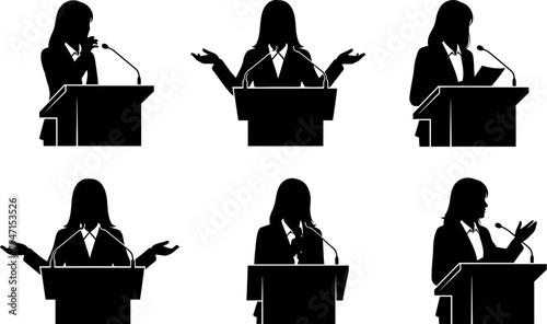 Silhouette of a woman in business attire standing at a podium with microphone giving a speech or presentation in various poses
