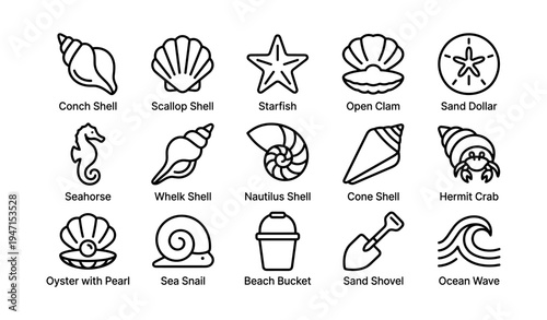 Seashell and ocean icons: shells, starfish, seahorse, beach items