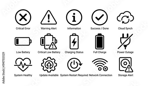 Critical error and update icons: alerts, battery, power, network, storage symbols