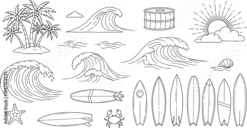 Black and white line drawing illustrations of various beach and surf themed objects and elements including waves palm trees surfboards starfish crab parasail bucket sun and clouds