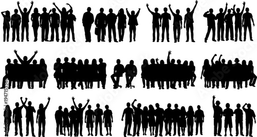 Collection of various groups of people silhouettes in different poses on white background