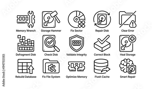 Computer maintenance icons: tools for disk, error, and storage repair