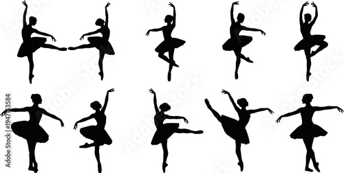 set of black silhouette ballerina dancers poses on white background