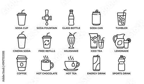 Beverage icons collection showcasing different drink containers and dispensers