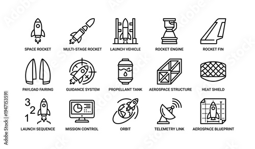 Aerospace technology icons: rockets, engines, payloads, and guidance systems