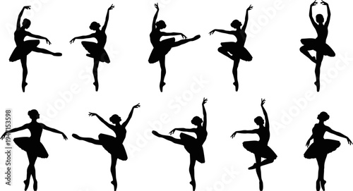 set of silhouettes of female ballet dancers in various poses on white background