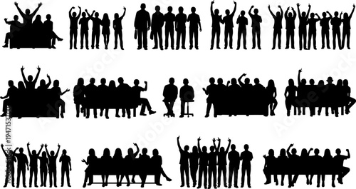 Collection of people in various poses and group settings in black silhouettes on white background