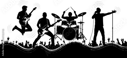 Silhouette of a rock band performing on stage with a cheering crowd  music event illustration