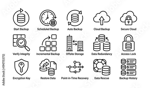Comprehensive data backup and security icons for digital protection