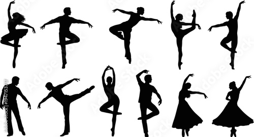 Collection of dancing people in various poses and outfits on white background