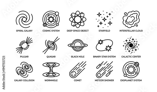 Set of celestial icons: stars, black hole, comet, galaxy collision, exoplanet system
